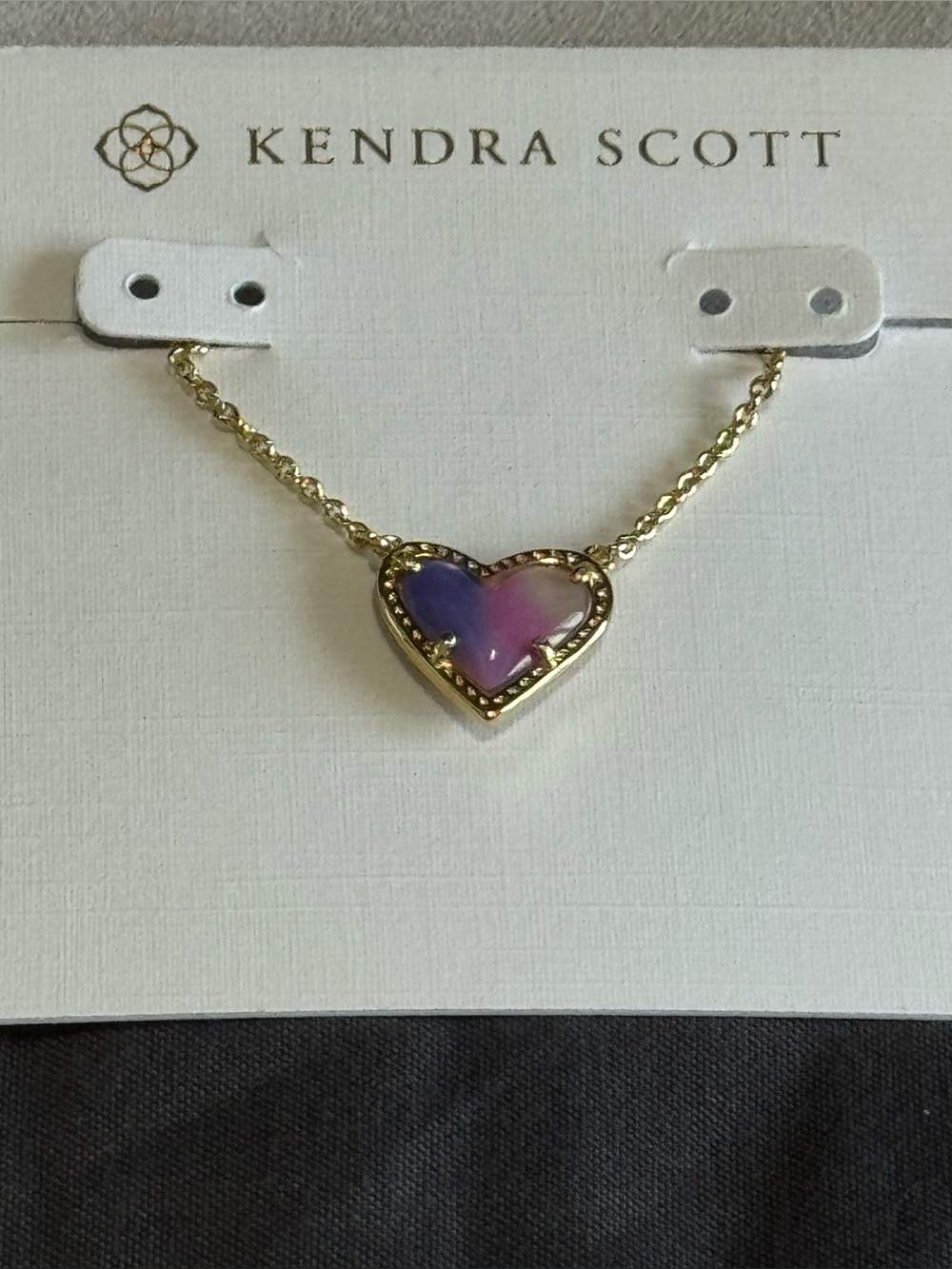 Kendra Scott Gold Necklace with Purple-Pink Heart Pendant Dust Bag Included